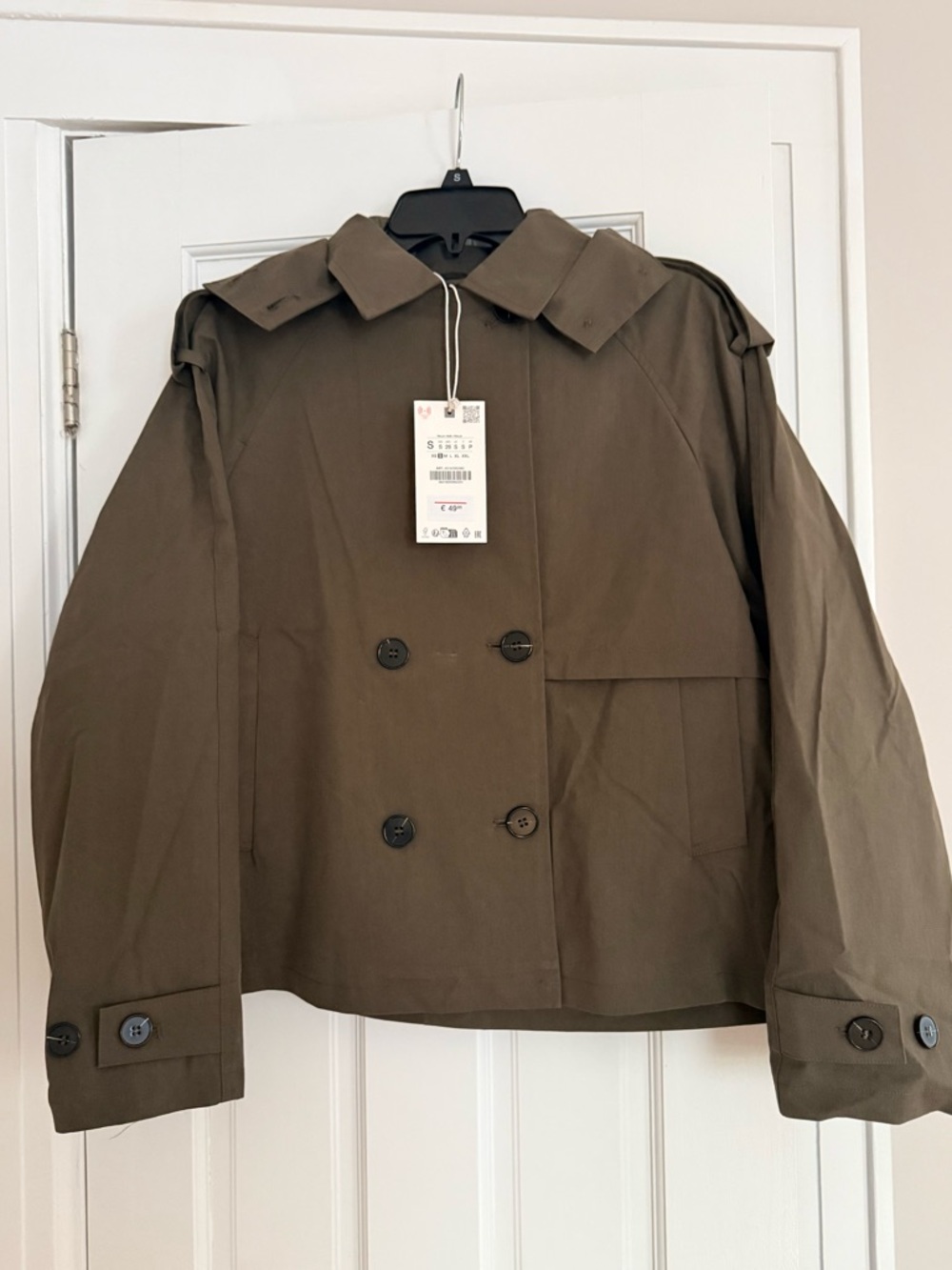 Zara Short Olive Double-Breasted Trench Jacket